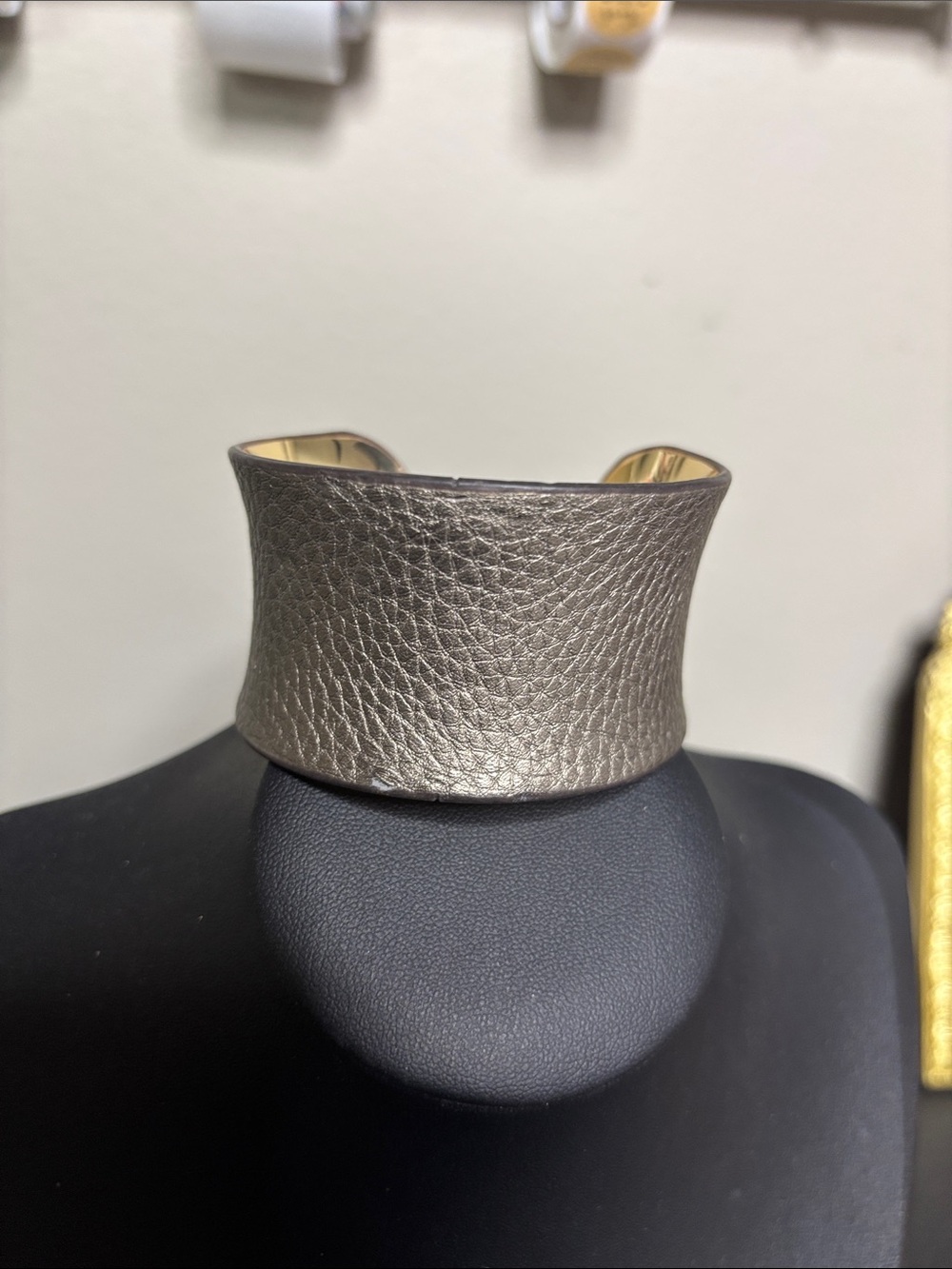 Metallic Taupe Wide Leather Cuff Bracelet - Women Jewelry